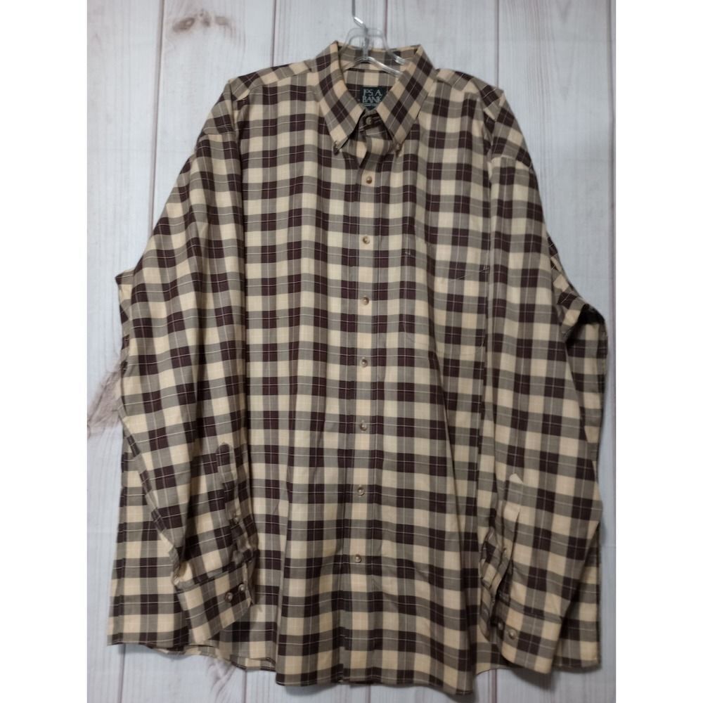 Jos A Bank Travelers Collection Mens XXL Plaid Button Down Shirt Brown Tan